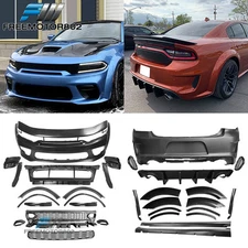Fits 15-23 Charger Widebody Bumper Covers W/ SRT Grilles + Gloss Black Diffuser
