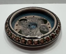 Tonala Mexican Folk Art Pottery Hand Painted Trinket Bowl Marked CAT 364 Mexico
