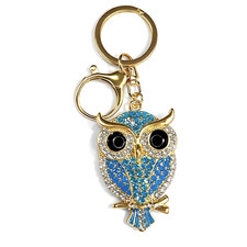 Gold Tone Blue Rhinestone Owl Keychain Bag Purse Charm Backpack Sparkle