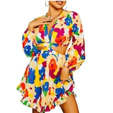 Glamaker Brush Paint Prints Multicolor Sexy Backless Cut Out Lace Up Mini Dress