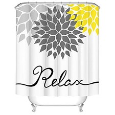 Dahlia Shower Curtain Set Abstract Yellow and Gray Flowers with Relax Sign