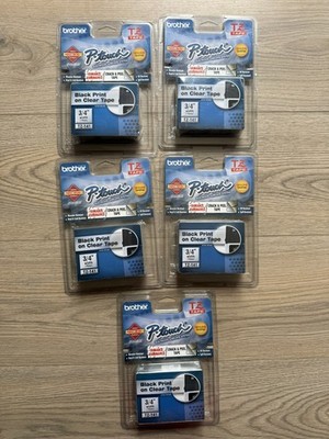 Lot 5 Brother P-Touch TZ-141 Genuine Black Ink on 3/4'' Clear Tape Indoor Outdoor