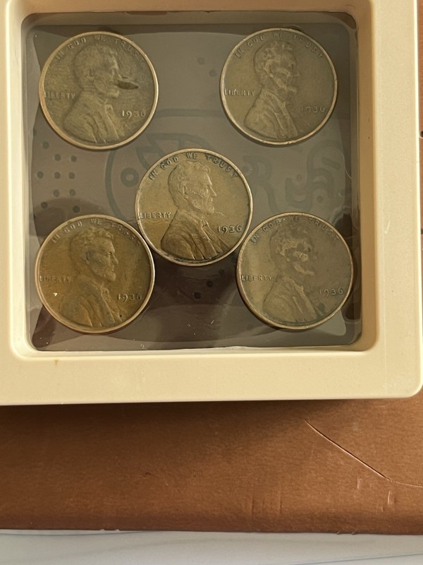 Lot of 5 1936 Lincoln Wheat Small Cents, Circulated Business Strike, Uncertified