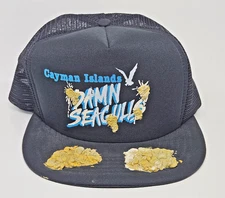 Vintage Cayman Islands Damn Seagulls Poop Funny Gag Hat Trucker Cap Hand Prints