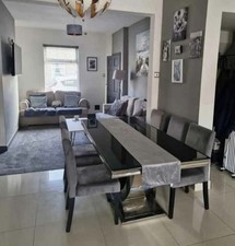 Modern Black Glass Dining Table Set + 6 Faux Suede Chrome Chairs