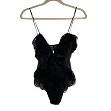 Vintage 80s Black Satin Sheer Floral Lace Teddy Hi-Cut Bodysuit Lingerie Large