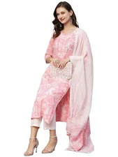 GoSriKi Women's Cotton Blend Straight Printed Kurta with Pant & Dupatta (Prem...