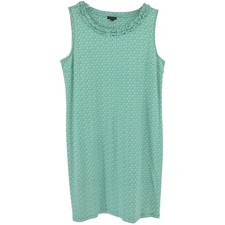 100% Cotton Talbots Green Geometric Ruffle Neck Sleeveless Shift Dress Womens L