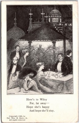 Postcard comic Henry Leahy Here's to wifey far far away hope she'll stay
