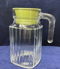 Vintage ARC Glass Small 16 oz Ribbed Pitcher With Avocado Green Lid