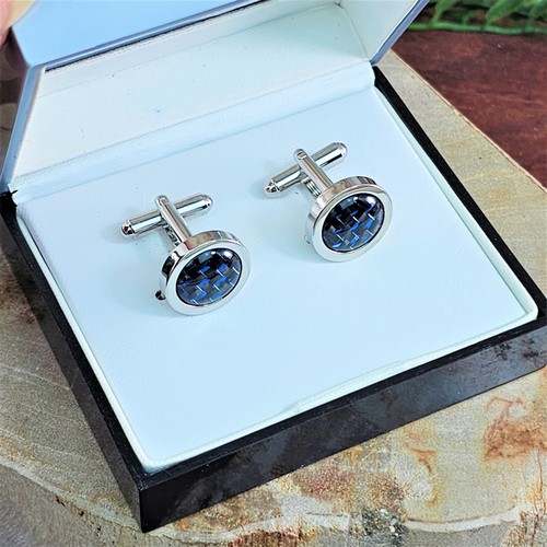 Geoffrey Beene Mens Silver Tone Cufflinks Dress Shirt Cuffs Blue Gunmetal Weave - Picture 7 of 10