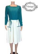 Vintage Toni Todd Teal Long Sleeve Tie Waist Fit & Flare Dress Size M/L