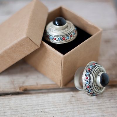 Bague Kuchi Afghane Argent Onyx Noir - Anneau Tribal Boho Taille 7 - Bijou Ethnique