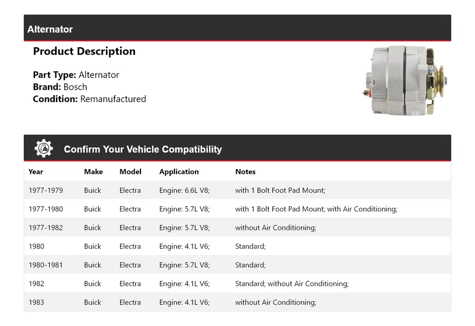 Alternador Buick Electra Bosch 1977-1983 (Remanufaturado) 1978 1979 1980 - Imagem 2 de 4