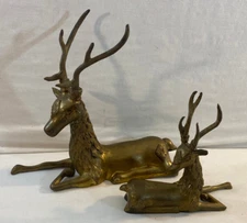 Pair Of Vintage Brass Stag Deer Laying Down Figurines Hollywood Regency MCM