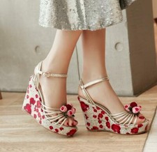Women Open Toe Wedge Heels Pumps Summer Sweet 3D Flower Sandals Platform Shoes
