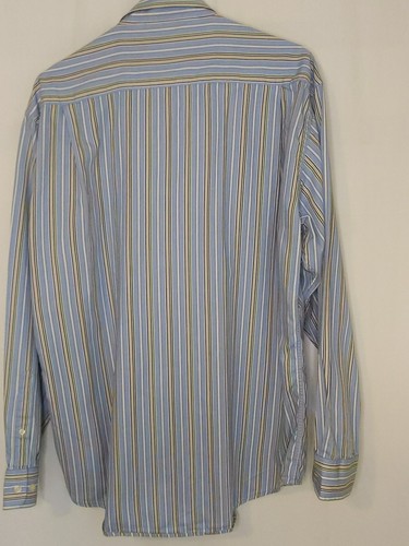 Sette Ponti Men Shirt Lg Button up Navy Stripe LS Tan Brown Blue - Picture 9 of 12