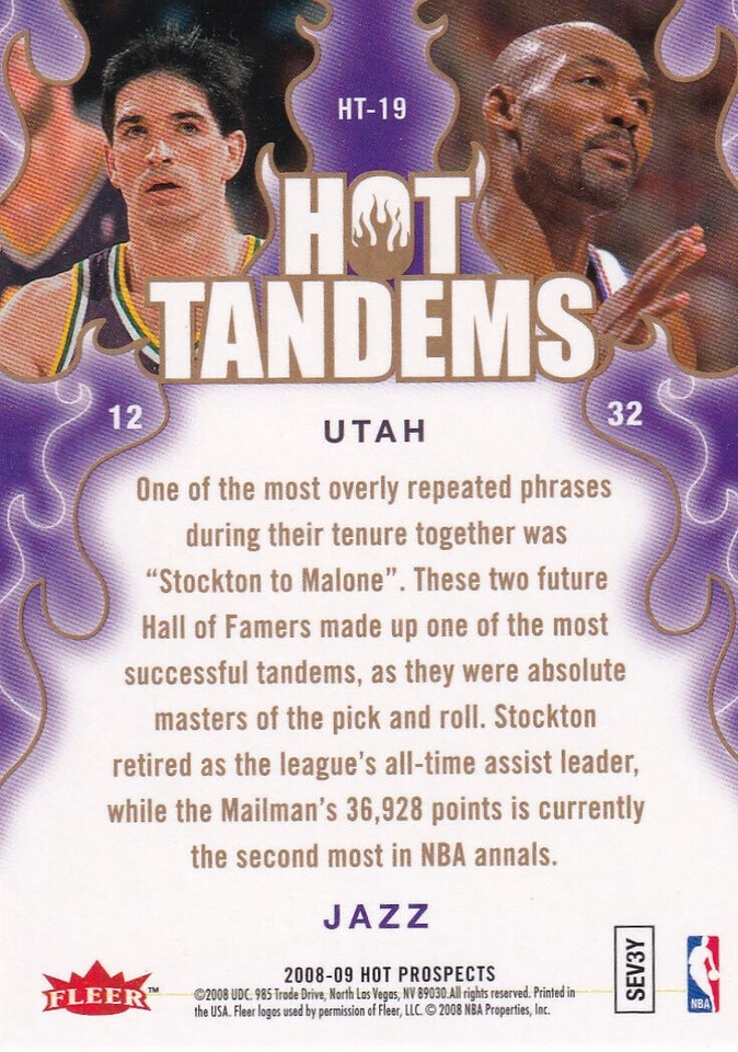 2008-09 Fleer Hot Prospects Hot Tandems Karl Malone John Stockton #HT-19 - Image 2 of 2