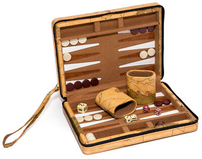 Backgammon Set Leatherette Exterior Zipper Map Magnetic Coordinating Dice Cups