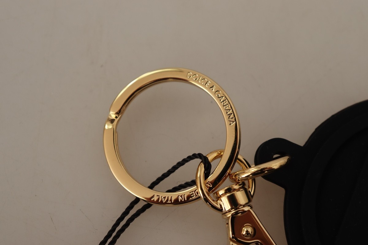 DOLCE & GABBANA Keychain Black Rubber DG Logo Gold Brass Metal
