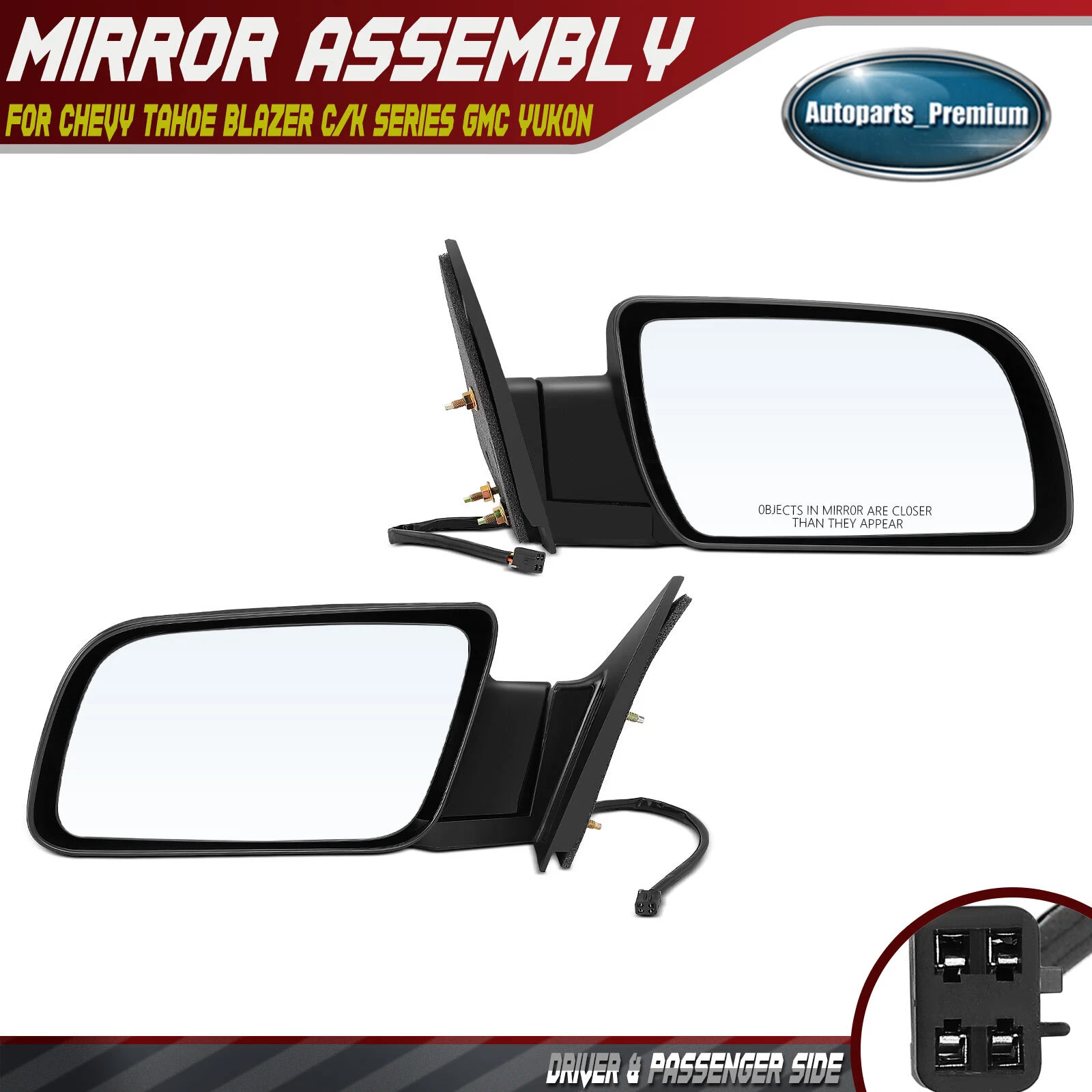 2Pcs L&R Black Power Mirror 4Pins for Chevy Tahoe Blazer C/K Series GMC Yukon