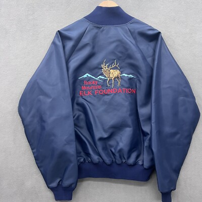 Vintage Rocky Mountain Elk Foundation Large Embroidered Blue Bomber Coat Jacket