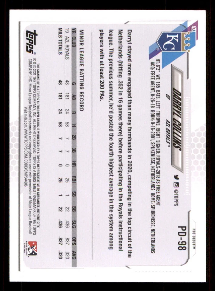 2021 Topps Pro Debut AUTO #PD98 Darryl Collins - Image 2 of 2