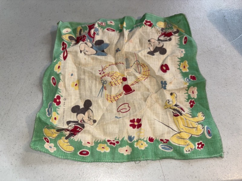 Vtg Mickey Minnie Mouse Pluto WALT DISNEY Prod Handkerchief 8" Cartoon Hankie