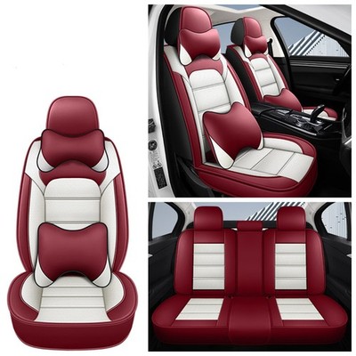 Full Set 5-Seat Car Seat Covers PU Leather Breathable Headrest & Lumbar Pillows