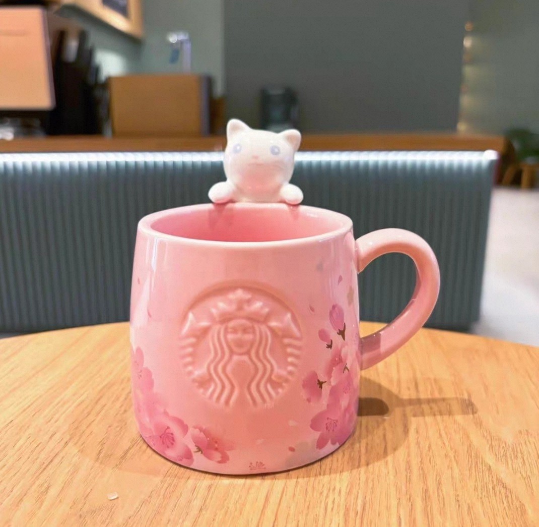 Starbucks Sakura Cat Ceramic Mug - Limited 12oz Pink 3D Kitty Topper Coffee Cups