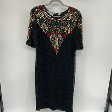 VTG 80s Scala 100 Silk Beaded Sequin Cocktail Dress Womens 1X Black Metallic