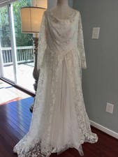 Vtg Maurer Original Ivory Lace Wedding Dress Long Sleeve Tulle S/M No Size Label