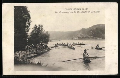 Postcard Steiner rowing club, rowers on the river, memory of the boat baptism on 2 