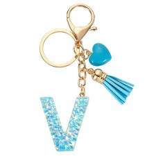 Initial Letter Keychains, Resin Cute Pendant with Heart  Tassel, Blue-V