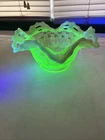 Vintage 1930’s FENTON Uranium Basket Weave Ruffled Glass Bowl Basket Glows