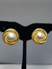 Vintage Napier Signed, Gold Tone Braided Round Faux Pearl Stud Earrings