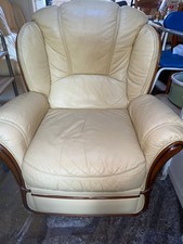 Recliner Chair - Quality Extra Comfy Genuine Cream Leather & Wood Armchair