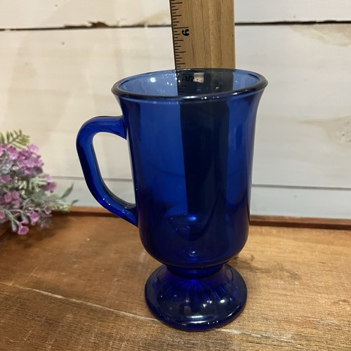 5 Vintage Anchor Hocking 16oz Cobalt Blue Glass Footed Pedestal Café Mugs - Picture 13 of 14