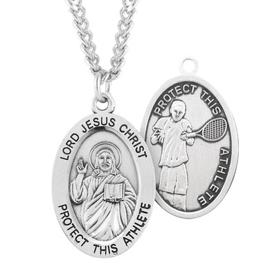 Lord Jesus Christ Oval Sterling Silver Tennis Male Athlete Medal Necklace