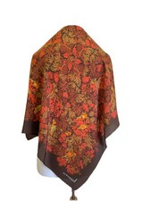Y9 Julienne Silk Scarf Autumn Leaves Birds Brown Orange Floral Vintage Square