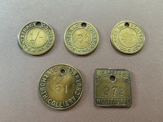 Small Mixed Lot of 5 Miners Brass Colliery Pit Check Tokens Tally all in GC