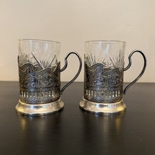 Russian Podstakannik Tea Glass Holders Pair w/ Soviet Granyonyi Glass