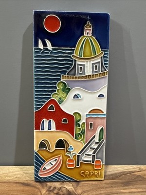 Vintage Ceramic Wall Plaque Tile of Capri Italy Town Sea Boat