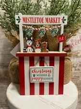 Christmas PUPPY MISTLETOE Stand Booth Wood Tiered Tray Decoration 6" Holiday