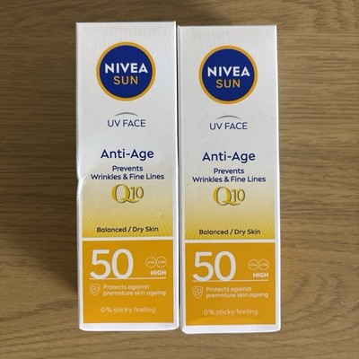 2x NIVEA SUN Q10 UV Face Anti-Age LSF 50 Creme für trockene Haut | 2 x 50ml