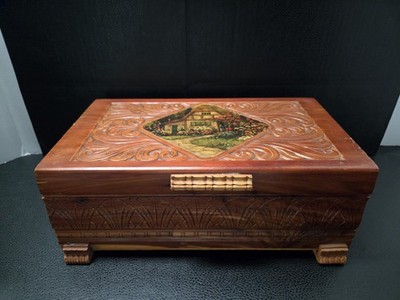 Vintage Hand Carved Cedar Wood Jewelry Box - English Cottage Scene Trinket Chest