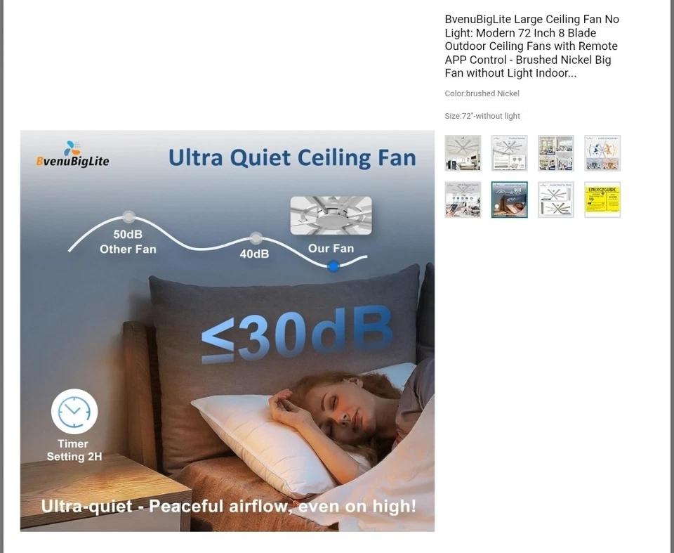 Large Modern 72 Inch 8 Blade Ceiling Fan with Remote  Brushed Nickel, No Light - Image 3 of 4