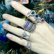 3 Tone Gold Plated Stackable Skinny CZ Women Engagement Ring Set Fashion Jewelry