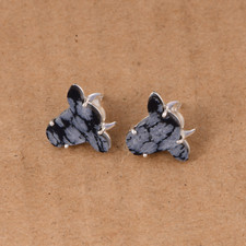 925 Silver Cow Head Snowflake Obsidian Stud Earrings Handmade Animal Jewelry