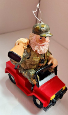 Santa Claus Hunter, Christmas Ornament - Red Jeep  (Resin)